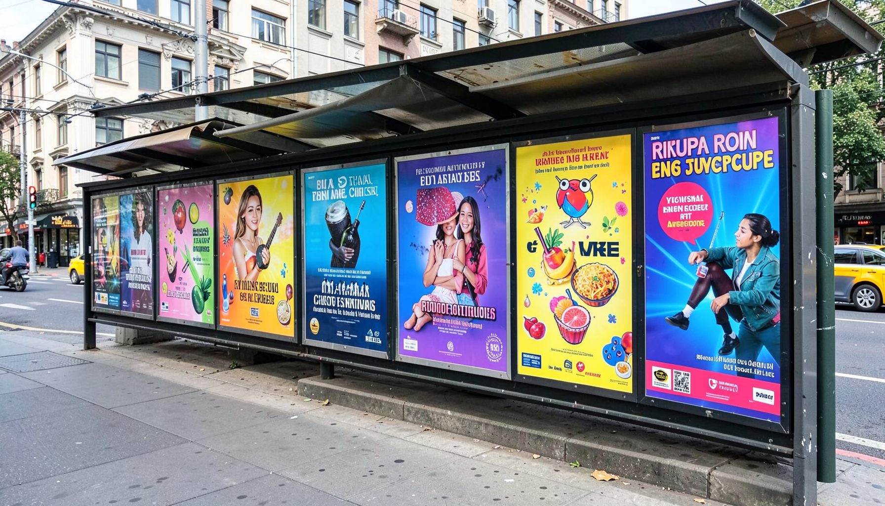 A row of colorful advertisement posters on a city bus stop, bright and eye-catching in daylight