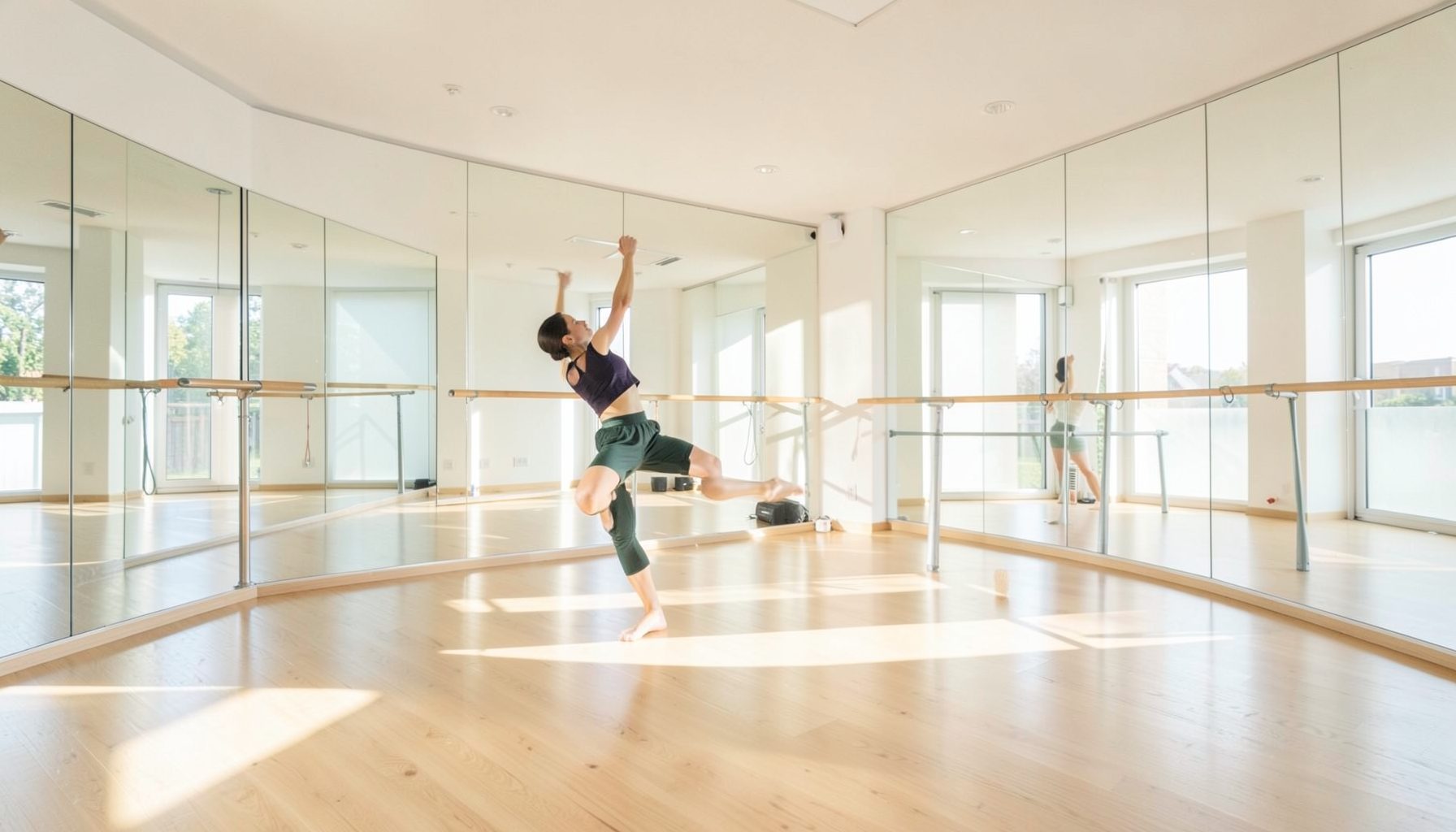 Bright dance studio with mirrored walls, natural light streaming in, clean minimalist practice space