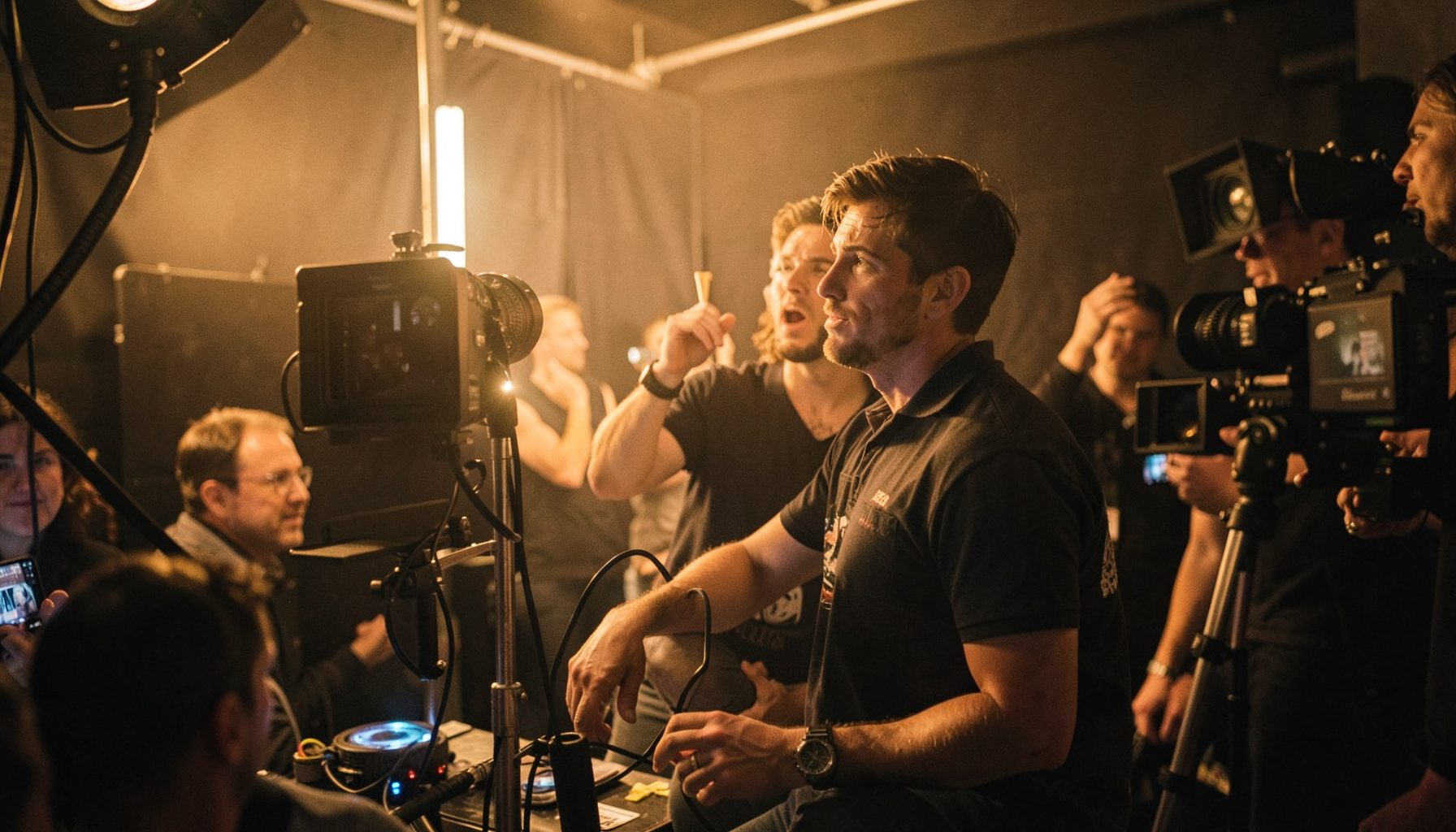 Candid backstage moment with warm tungsten lighting, relaxed atmosphere
