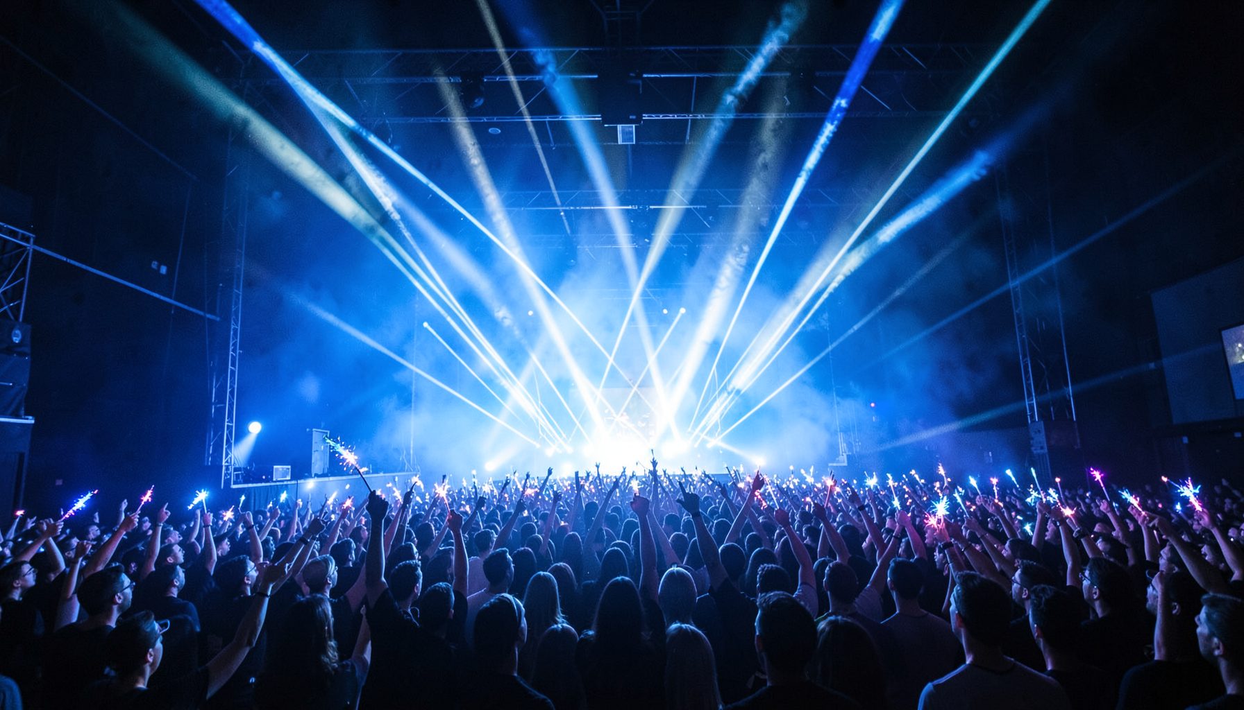 Concert stage bathed in cool blue and white light, with laser beams cutting through haze above a large crowd of fans