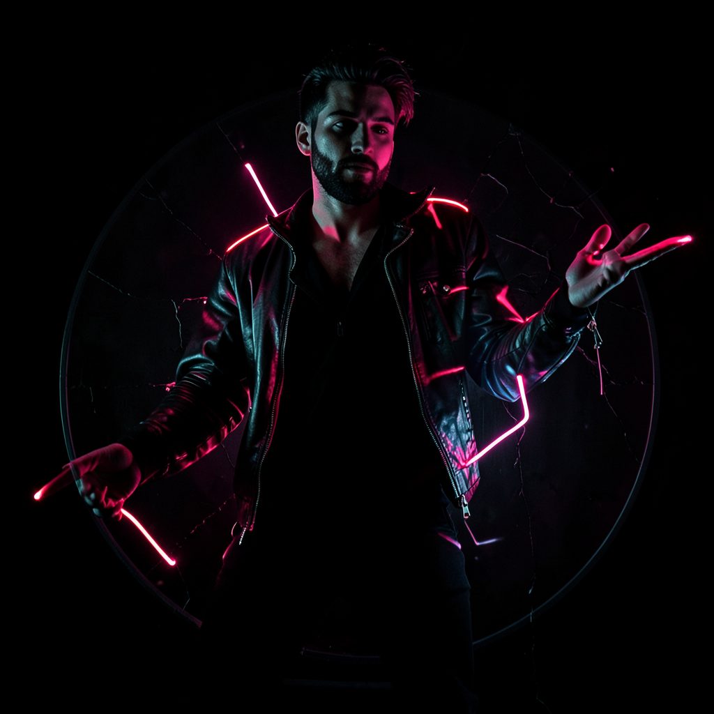 Dark edgy album aesthetic with bold contrasting black and neon accents, intense and modern vibe