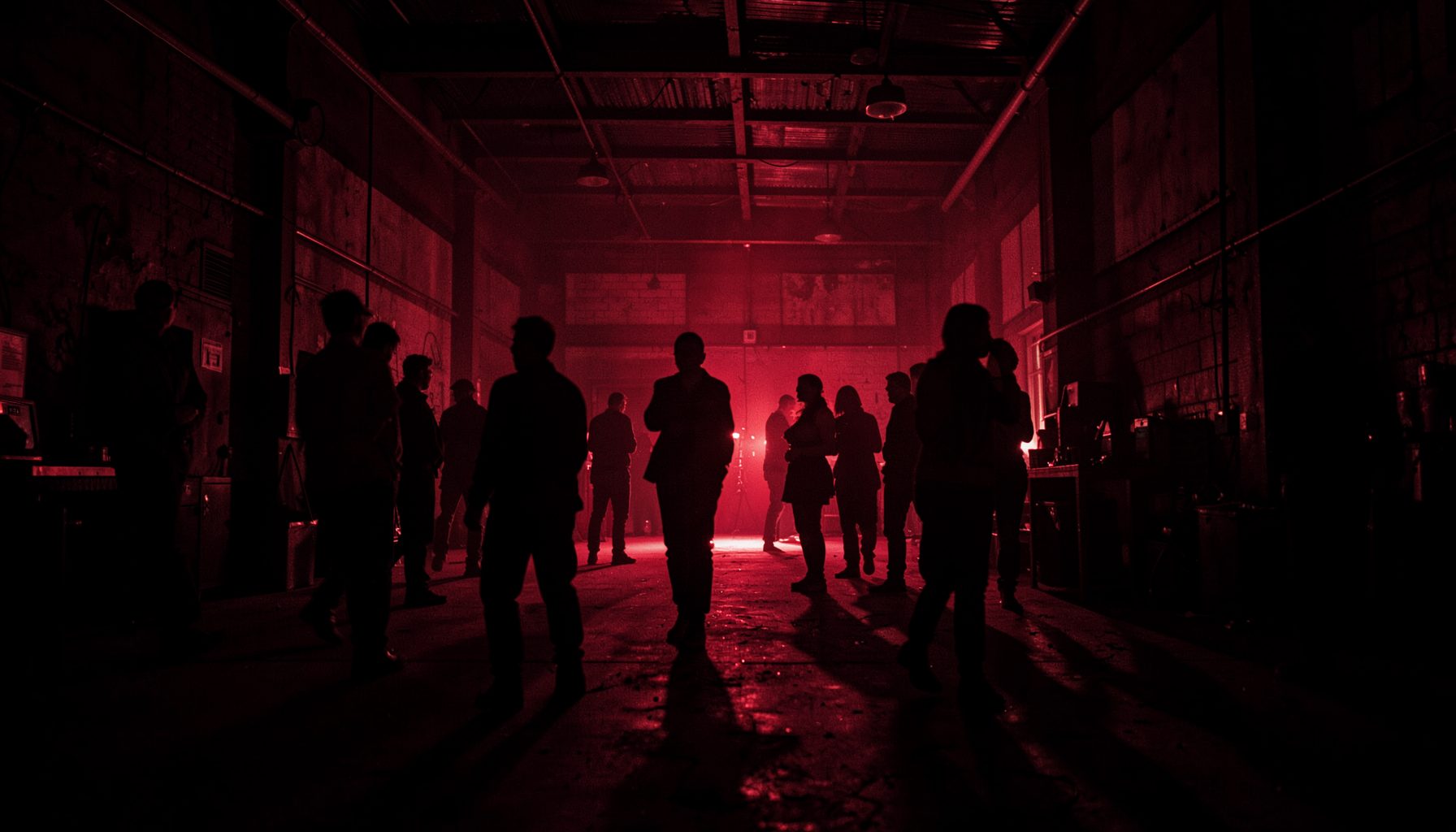Dark industrial warehouse interior with red lighting, intense mood, shadowy figures
