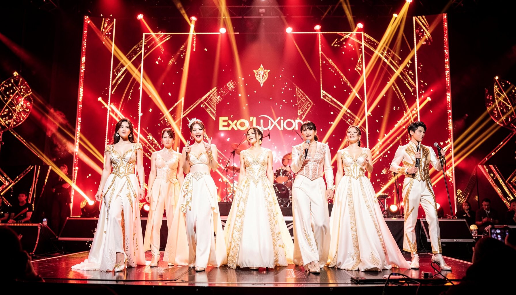 EXO at concert, vibrant red and gold stage production with elegant white and gold costumes