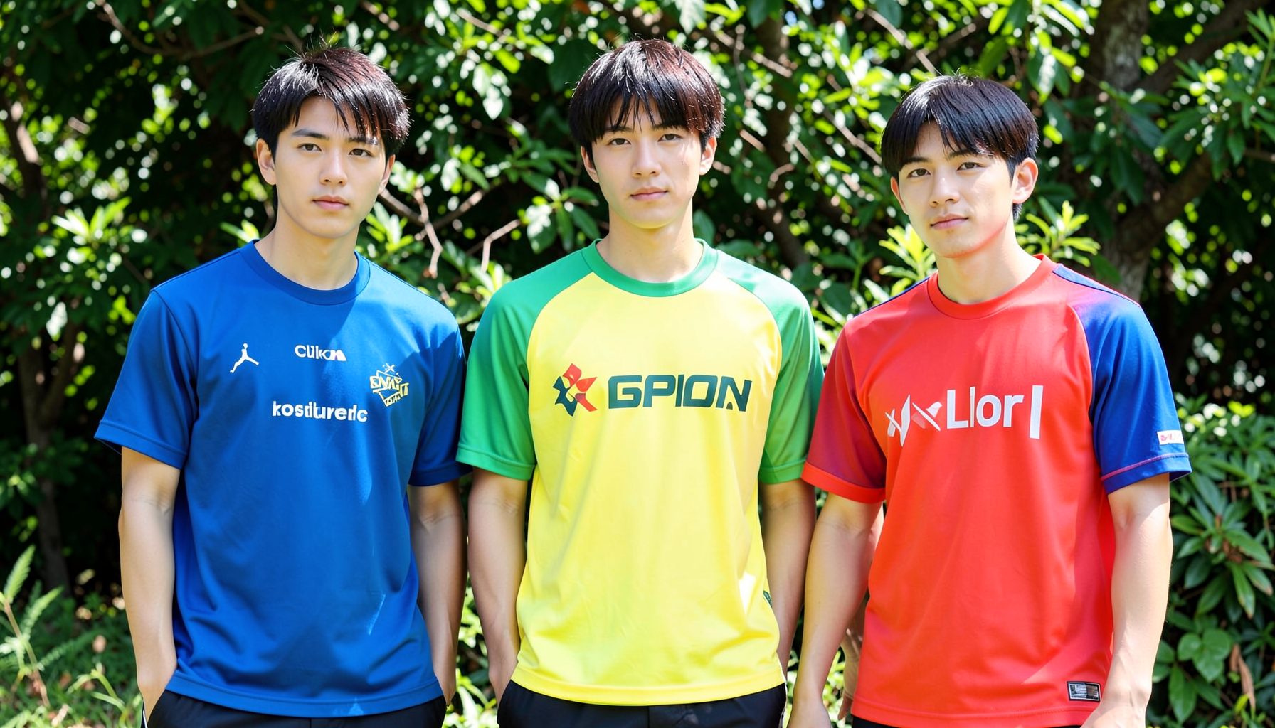 EXO in colorful summer shirts, outdoors in natural sunlight with lush green foliage
