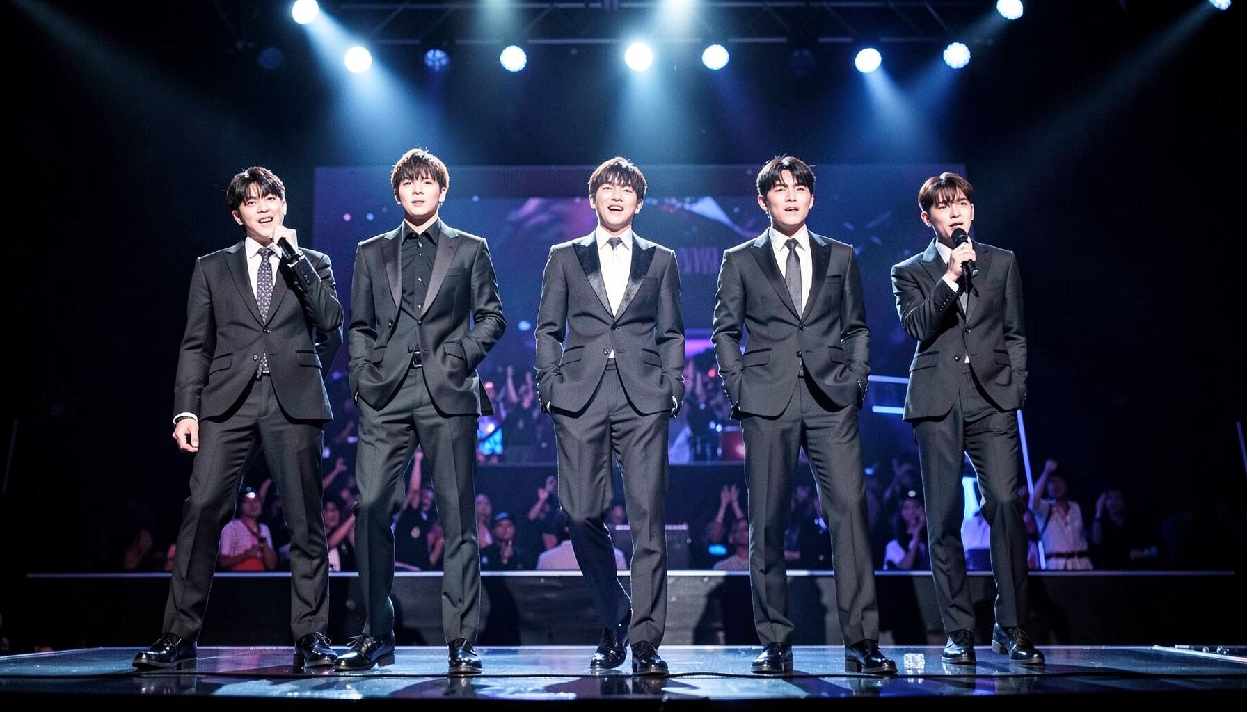 EXO members in sharp monochrome suits performing on a music show stage with bright overhead spotlights