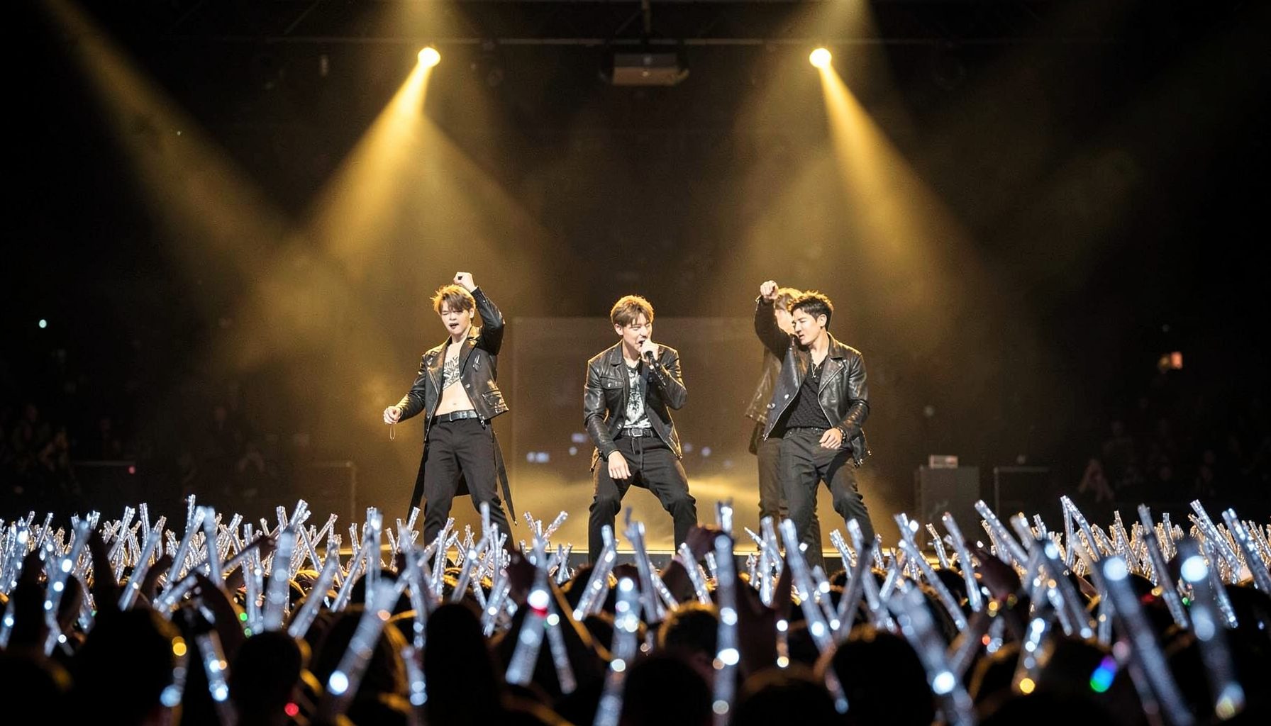 EXO members on stage at a concert, bathed in golden stage lights against a dark arena backdrop, with a sea of silver light sticks