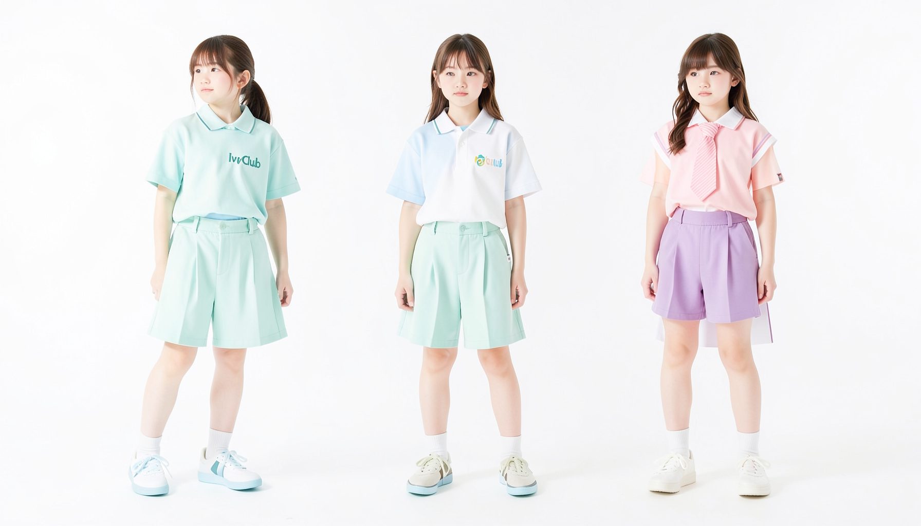 EXO modeling school-uniform styles in a bright, pastel-toned studio setting