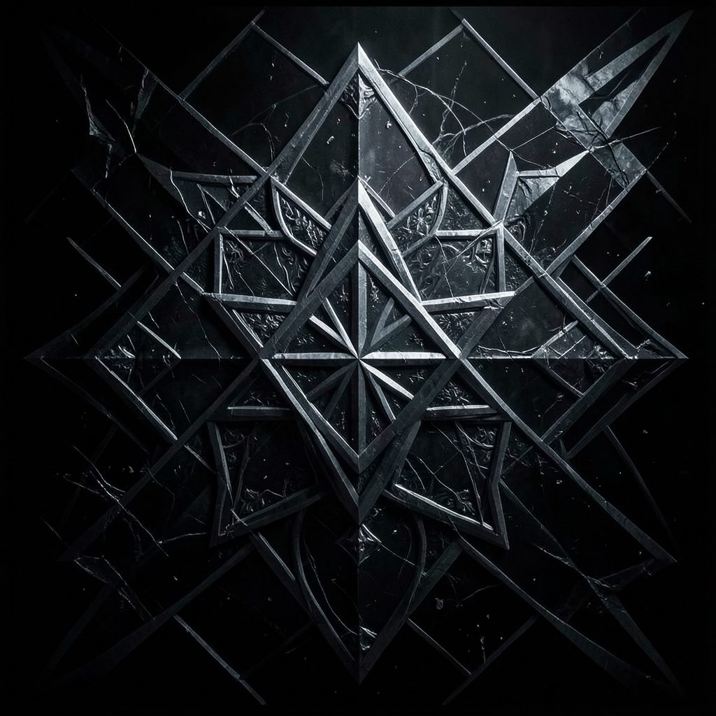 Mystical dark album cover aesthetic with geometric patterns and a moody black-and-silver color palette