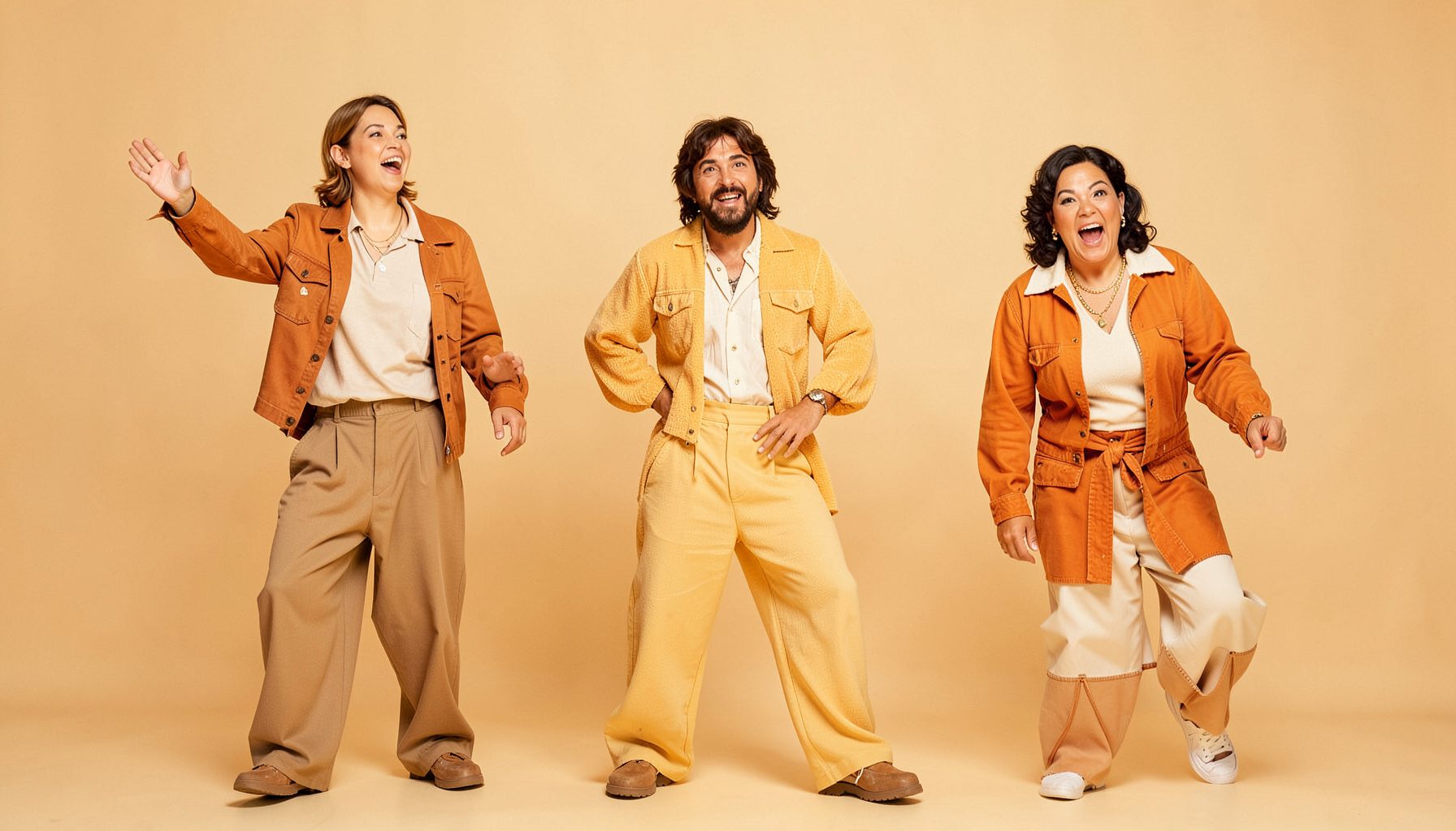 Three performers in coordinated retro-inspired styling, warm amber and cream tones, playful energy
