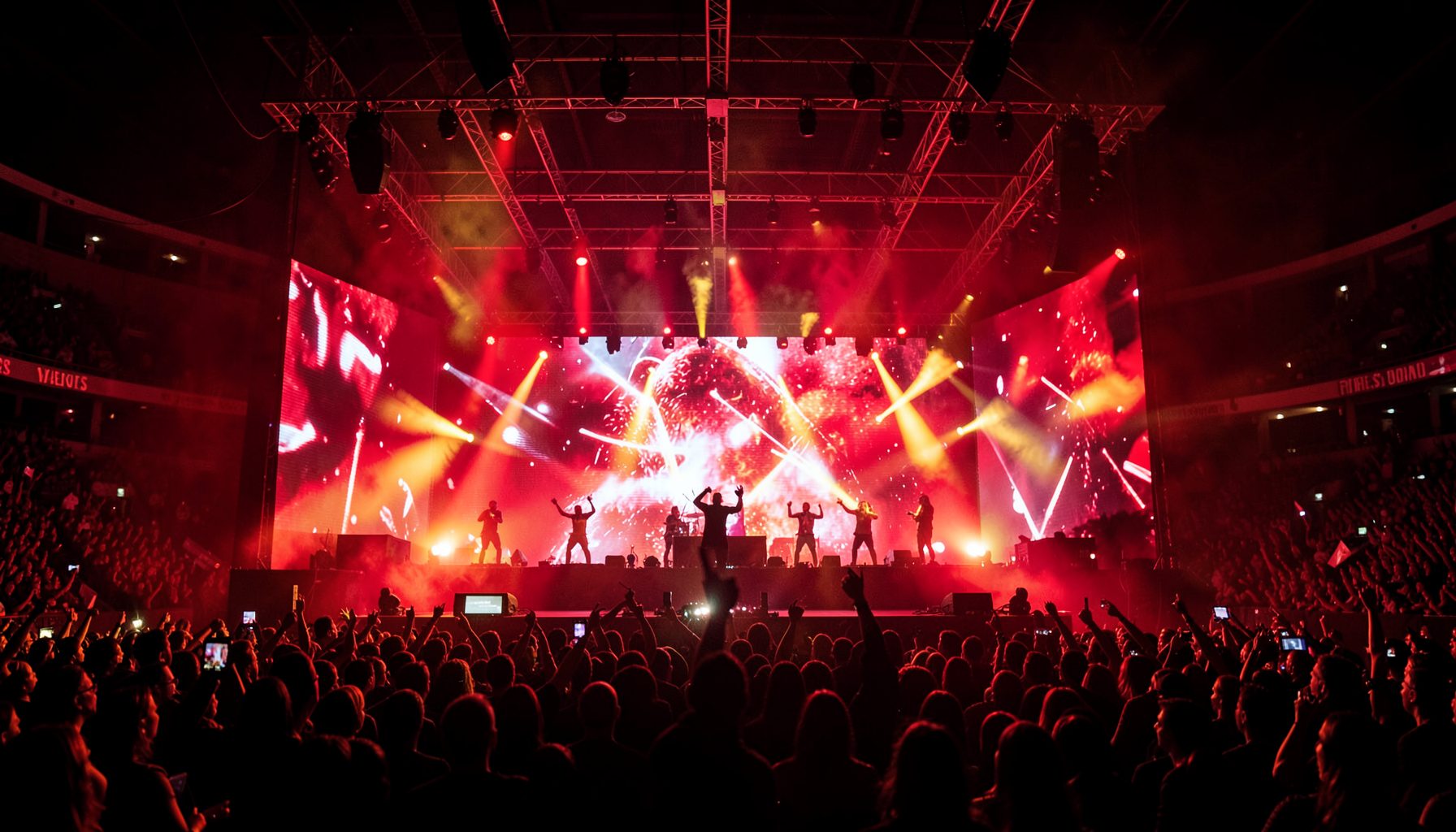 Wide stage shot with dramatic red and gold lighting, silhouettes of performers against a massive LED screen backdrop